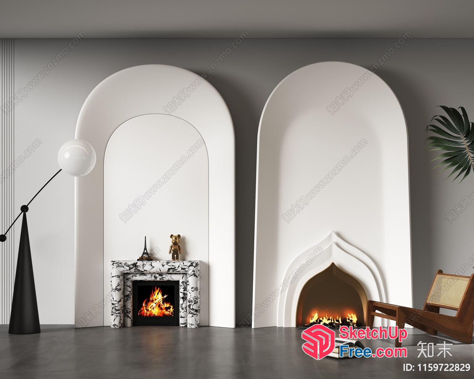Contemporary Fireplace Design With Eiffel Tower And Bear Figurine 3D SketchUp File