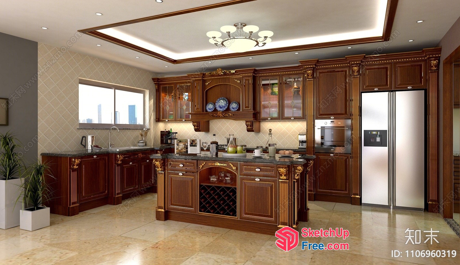 Elegant Kitchen With Ornate Wood Cabinets And Island 3D SketchUp File