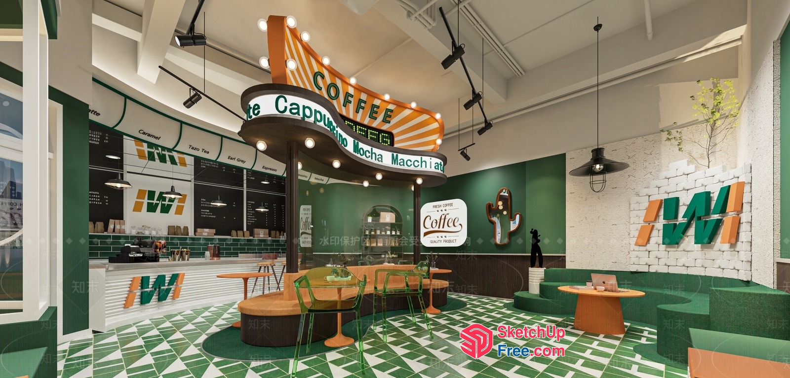 Modern Coffee Shop With Green And White Tile Flooring 3D SketchUp File