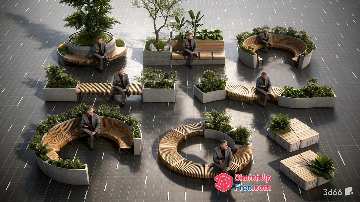 Men Sitting In A Circular Wooden Bench With Potted Plants 3D SketchUp File