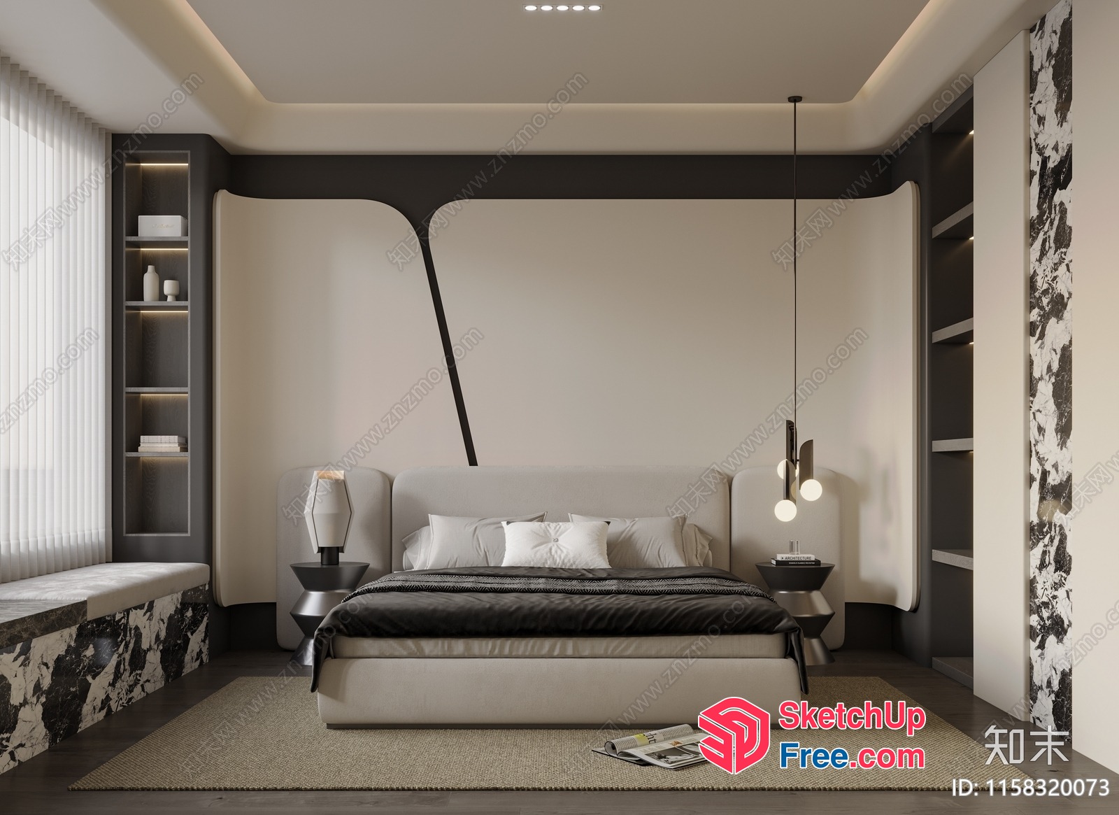Modern Minimalist Bedroom With Creamy Style Furniture 3D SketchUp File
