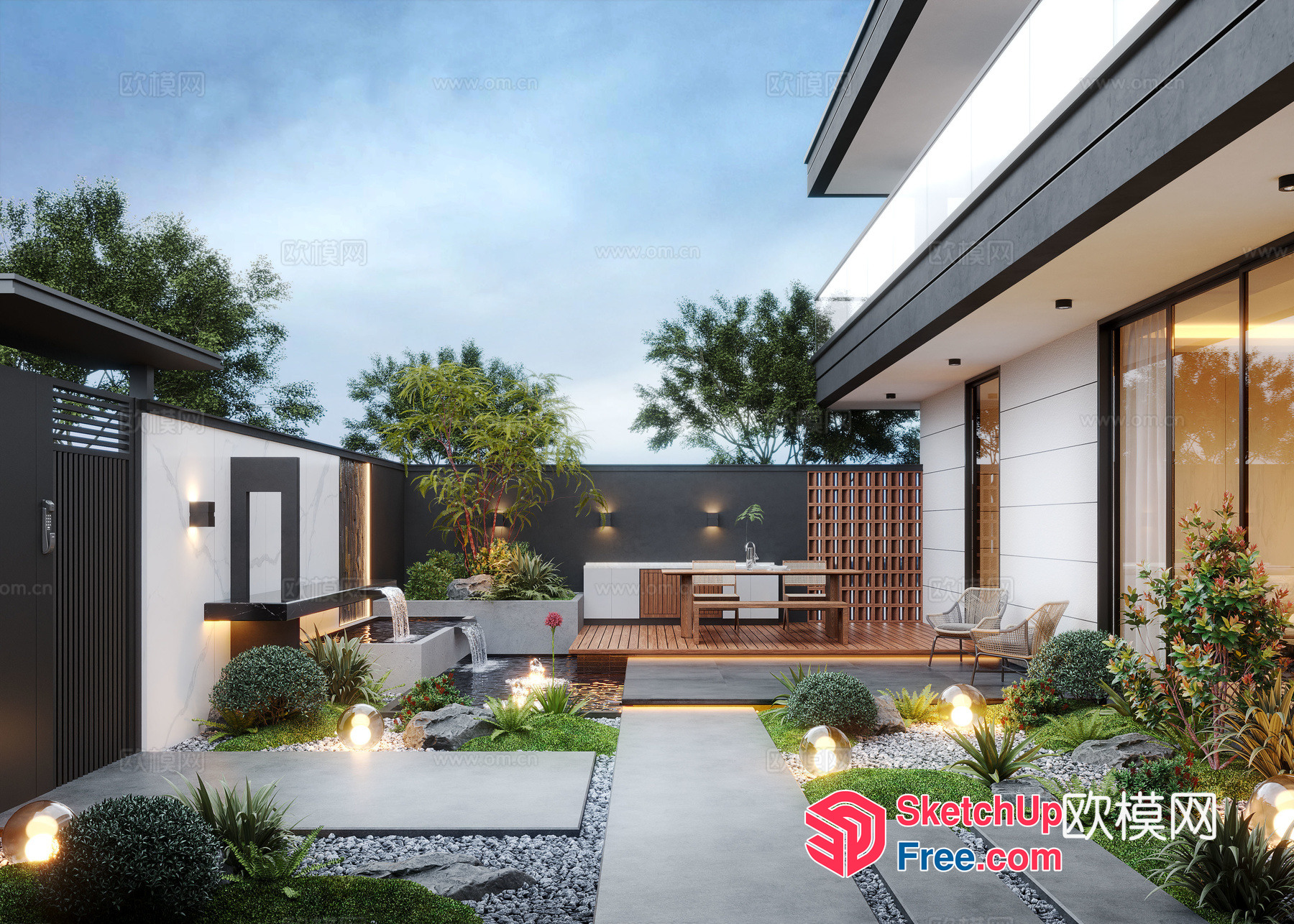 Modern Minimalist Villa Exterior With Waterfall And Garden 3D SketchUp File