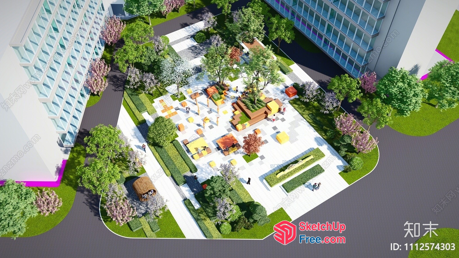 Aerial View Of A Commercial Street With A Park And Buildings 3D SketchUp File