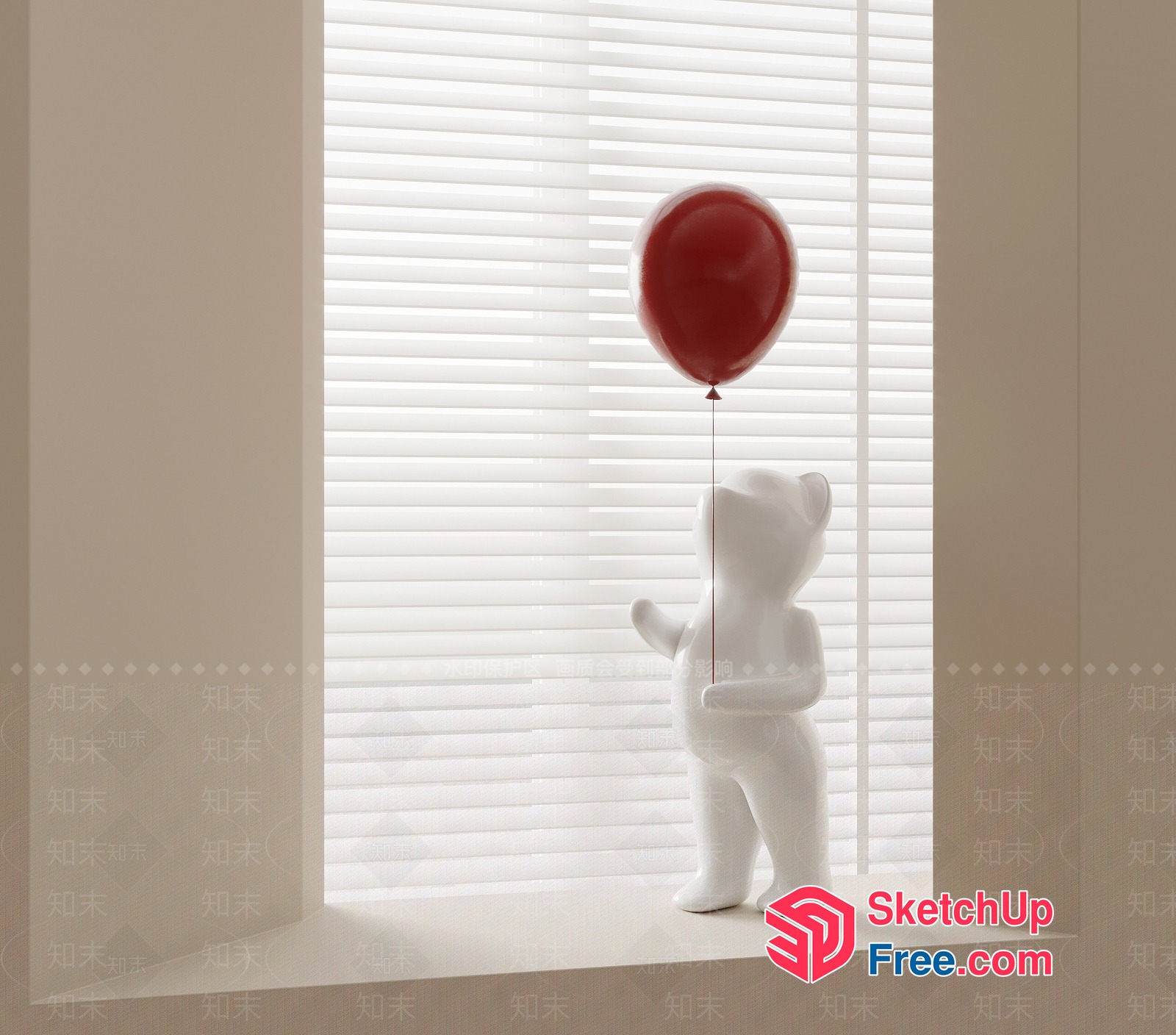 White Bear Holding Red Balloon By Window 3D SketchUp File
