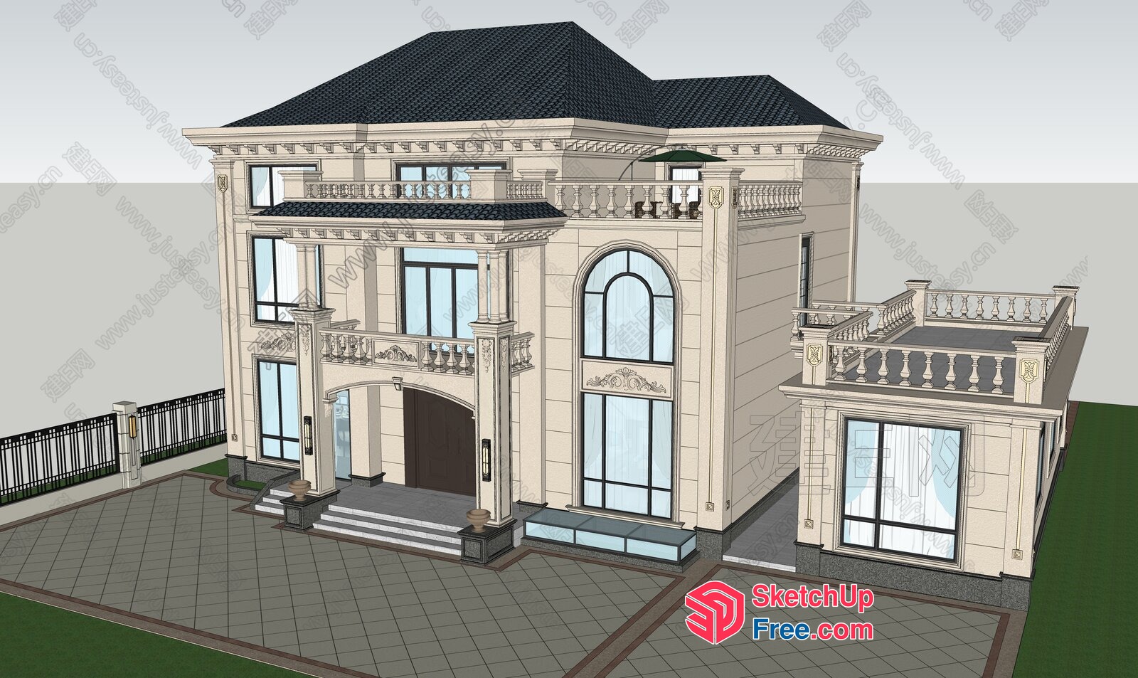Luxury Mansion With Ornate Balconies And Stairs 3D SketchUp File