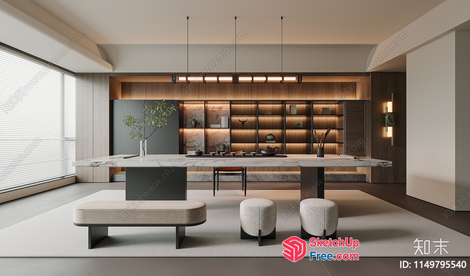 Modern Japanese-Style Dining Room With Marble Table And Shelves 3D SketchUp File