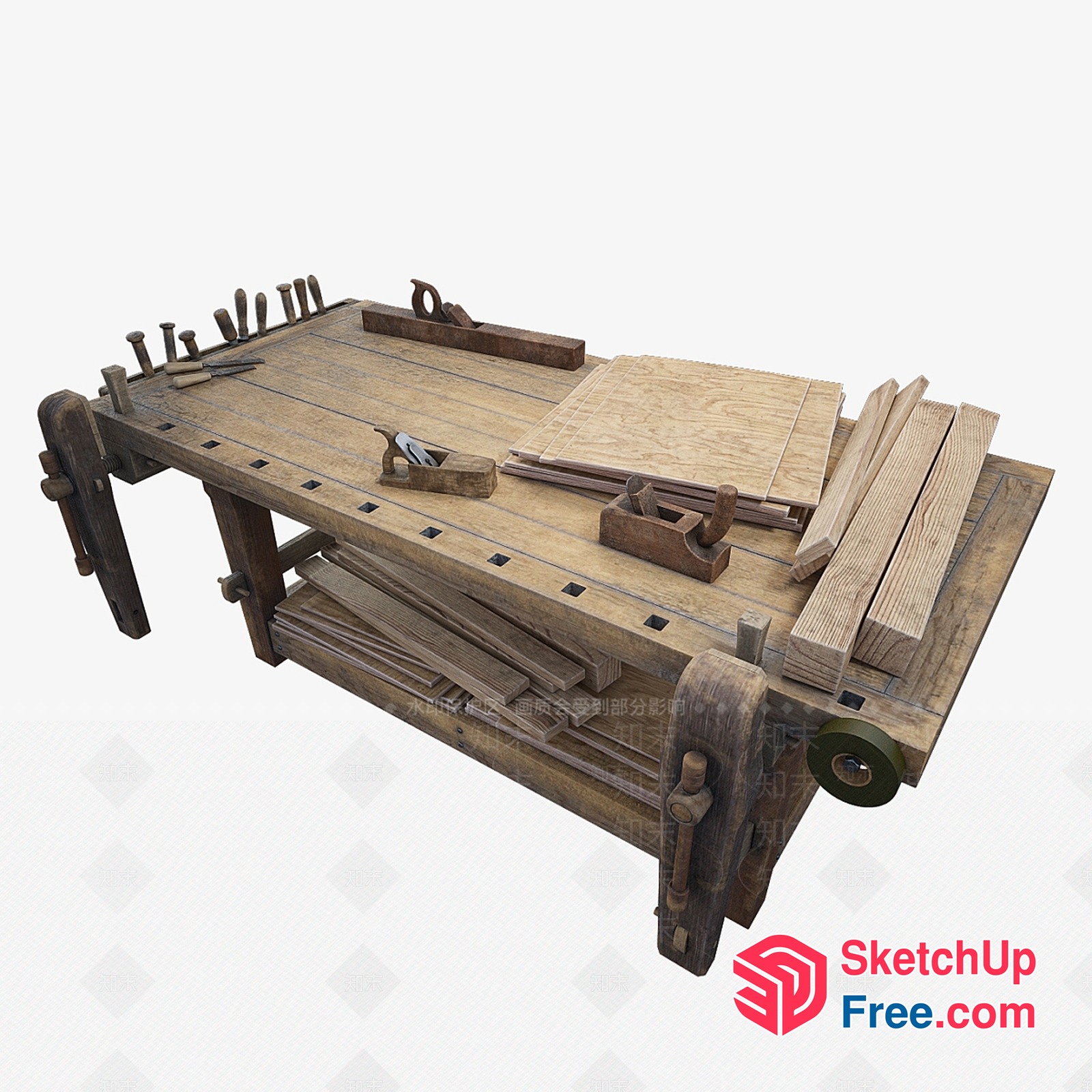 Wooden Workbench With Various Hand Tools And Wooden Pieces 3D SketchUp File