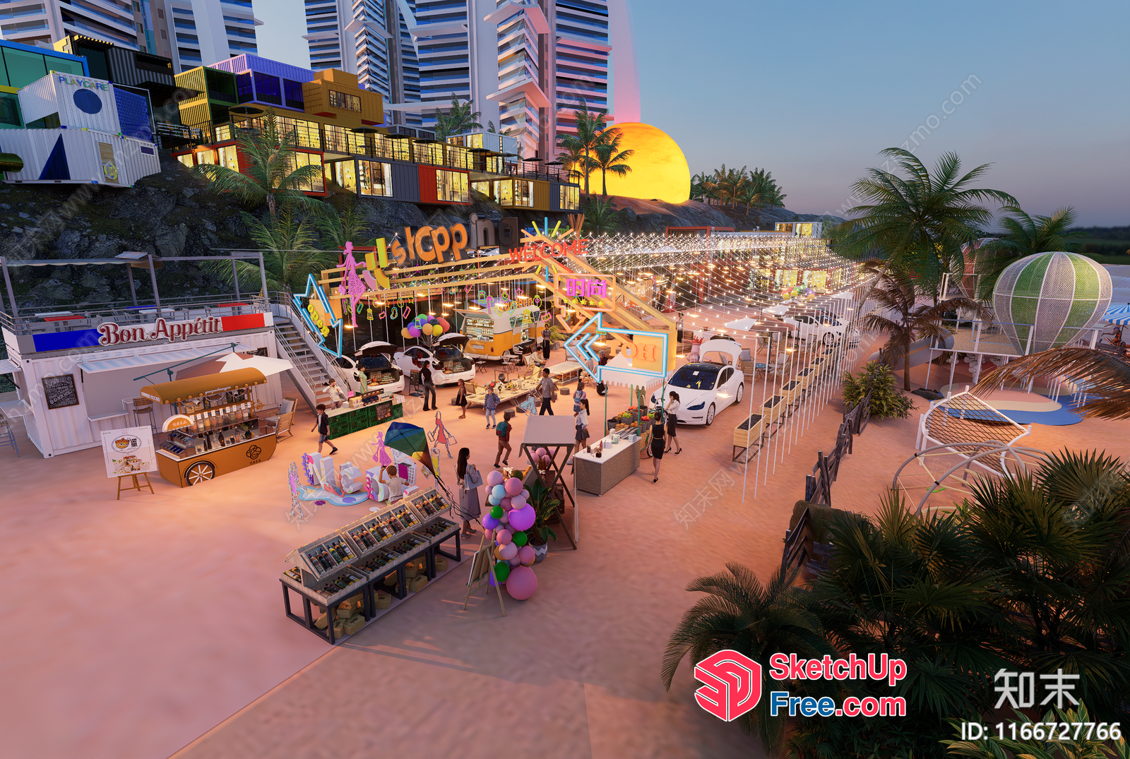 Tropical Night Market With Food Trucks And Palm Trees 3D SketchUp File