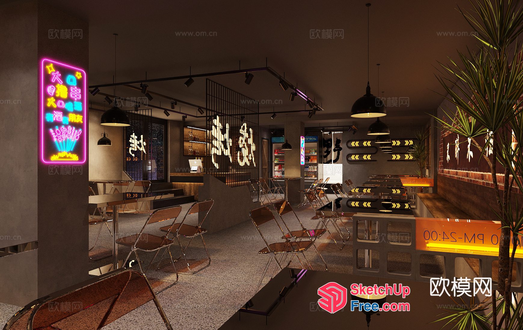 Modern Chinese Restaurant Interior With Neon Signs 3D SketchUp File