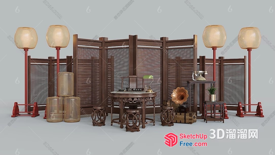 Traditional Asian Decor With Partition Screen And Table 3D SketchUp File