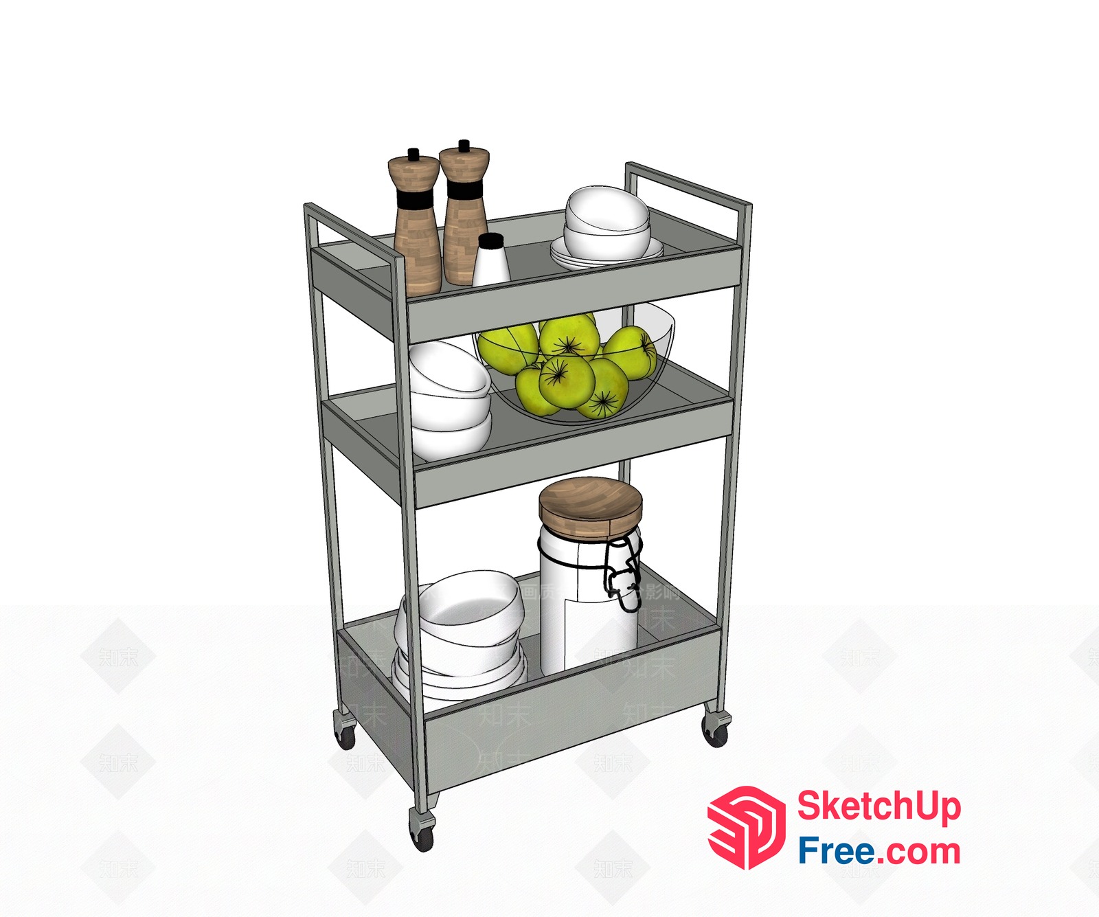 Kitchen Storage Cart With Glass Shelves And Wheels 3D SketchUp File