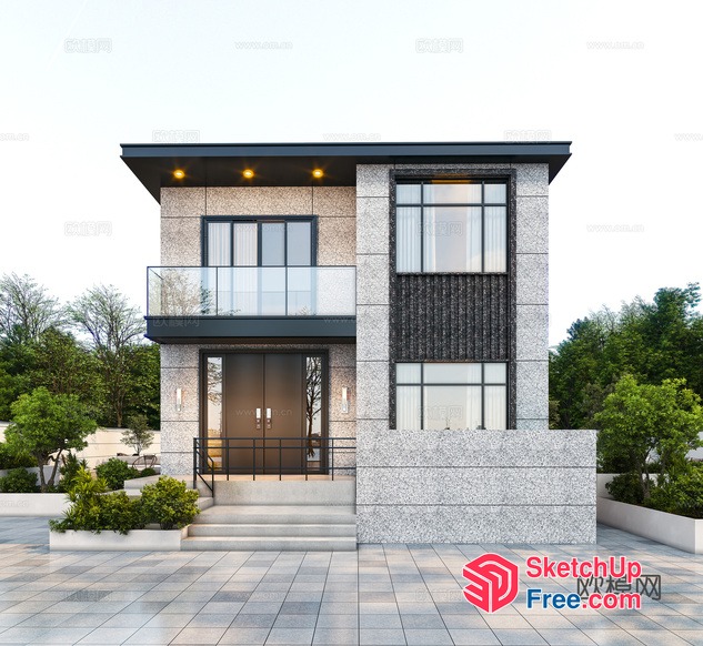 Modern Two-Story House With Glass Balcony 3D SketchUp File