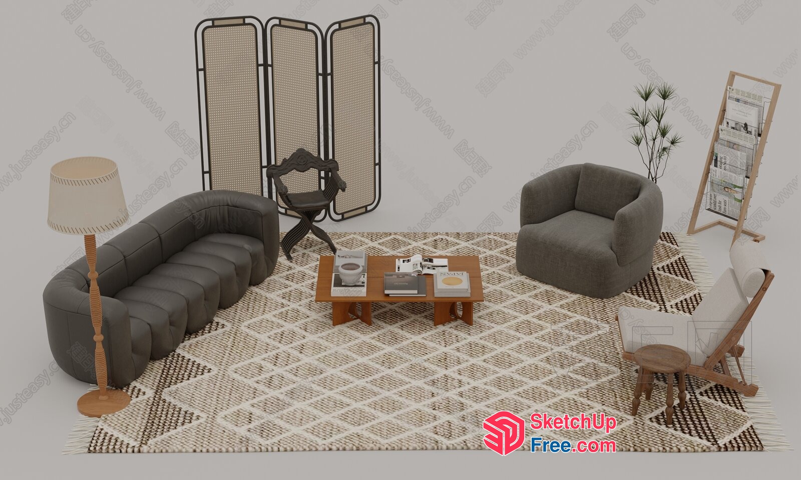 Modern Living Room With Gray Furniture And Patterned Rug 3D SketchUp File
