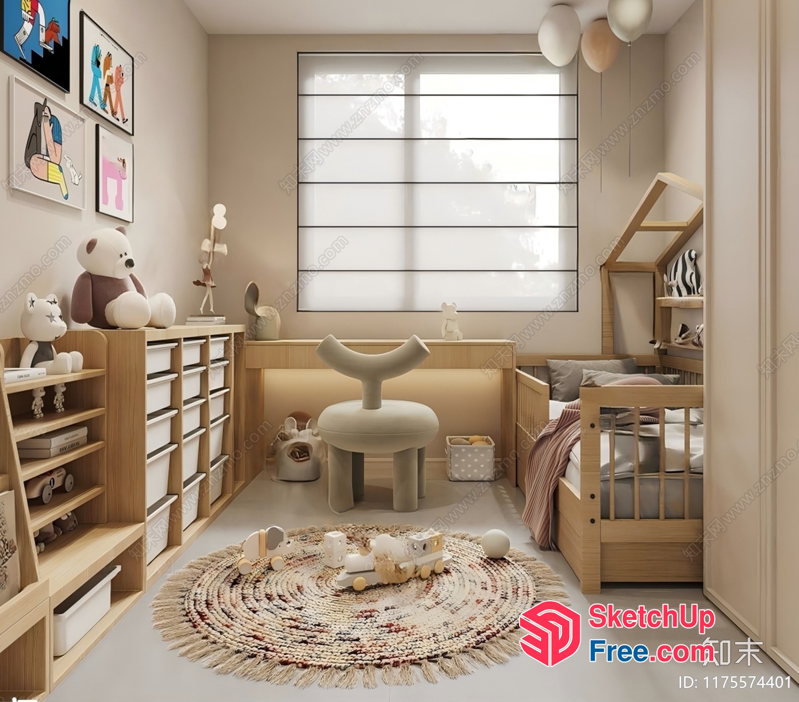 Modern Minimalist Children'S Bedroom With Natural Wood Accents 3D SketchUp File