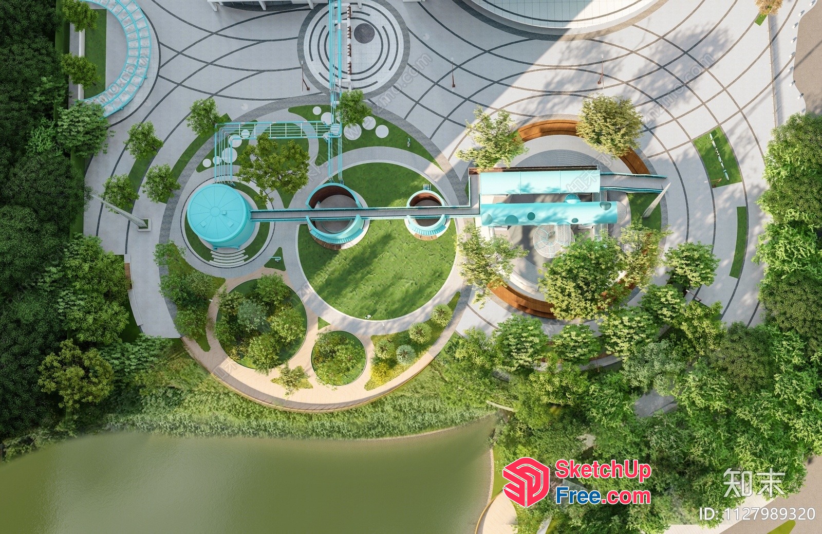 Modern Circular Building With Green Surroundings And Water Feature 3D SketchUp File