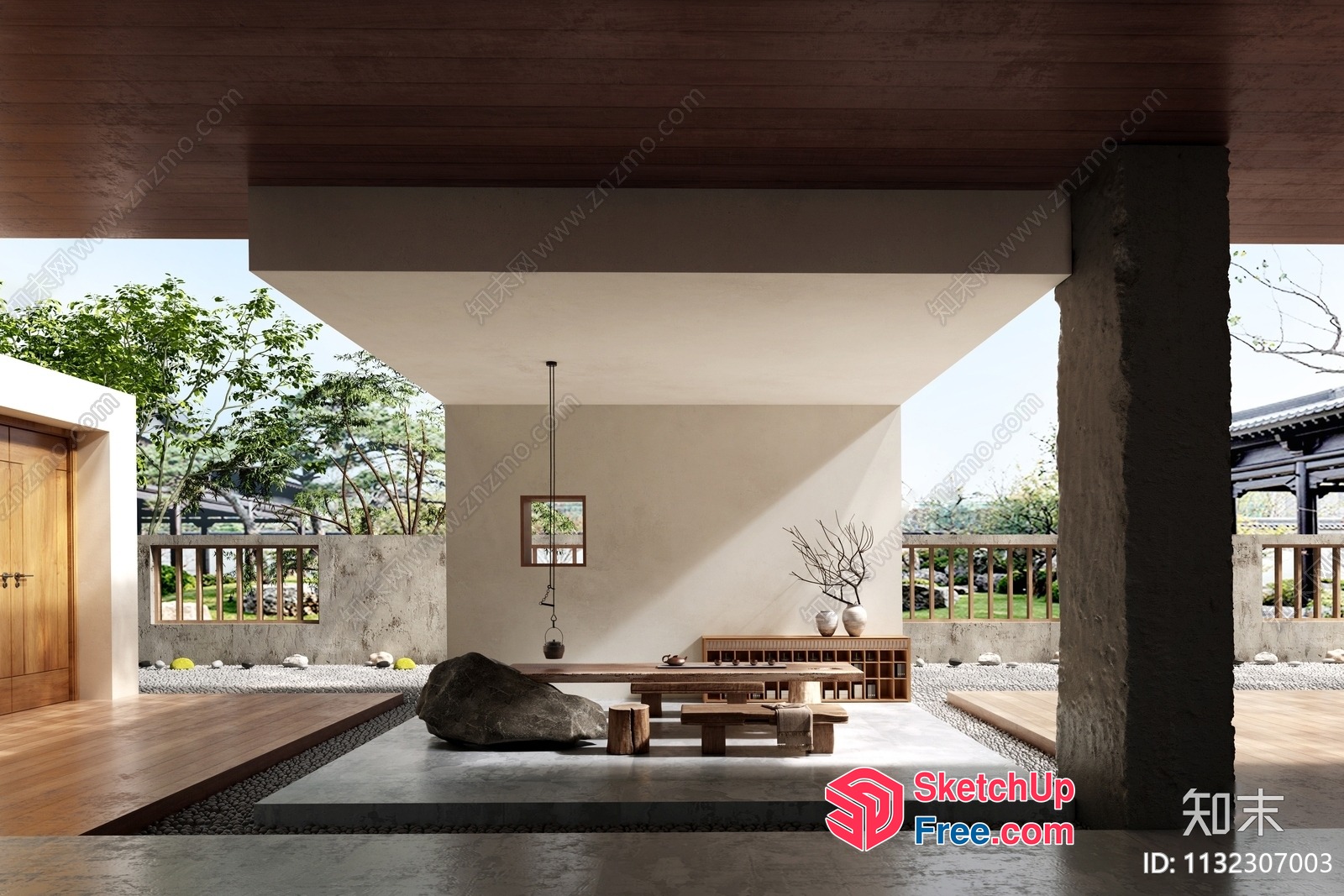 Modern Japanese-Inspired Living Room With Natural Elements 3D SketchUp File