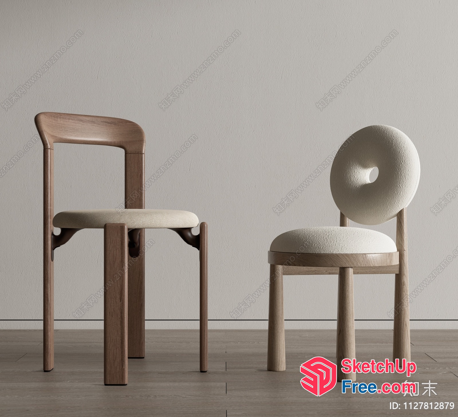 Minimalist Wood Chairs With Creamy Beige Upholstery 3D SketchUp File