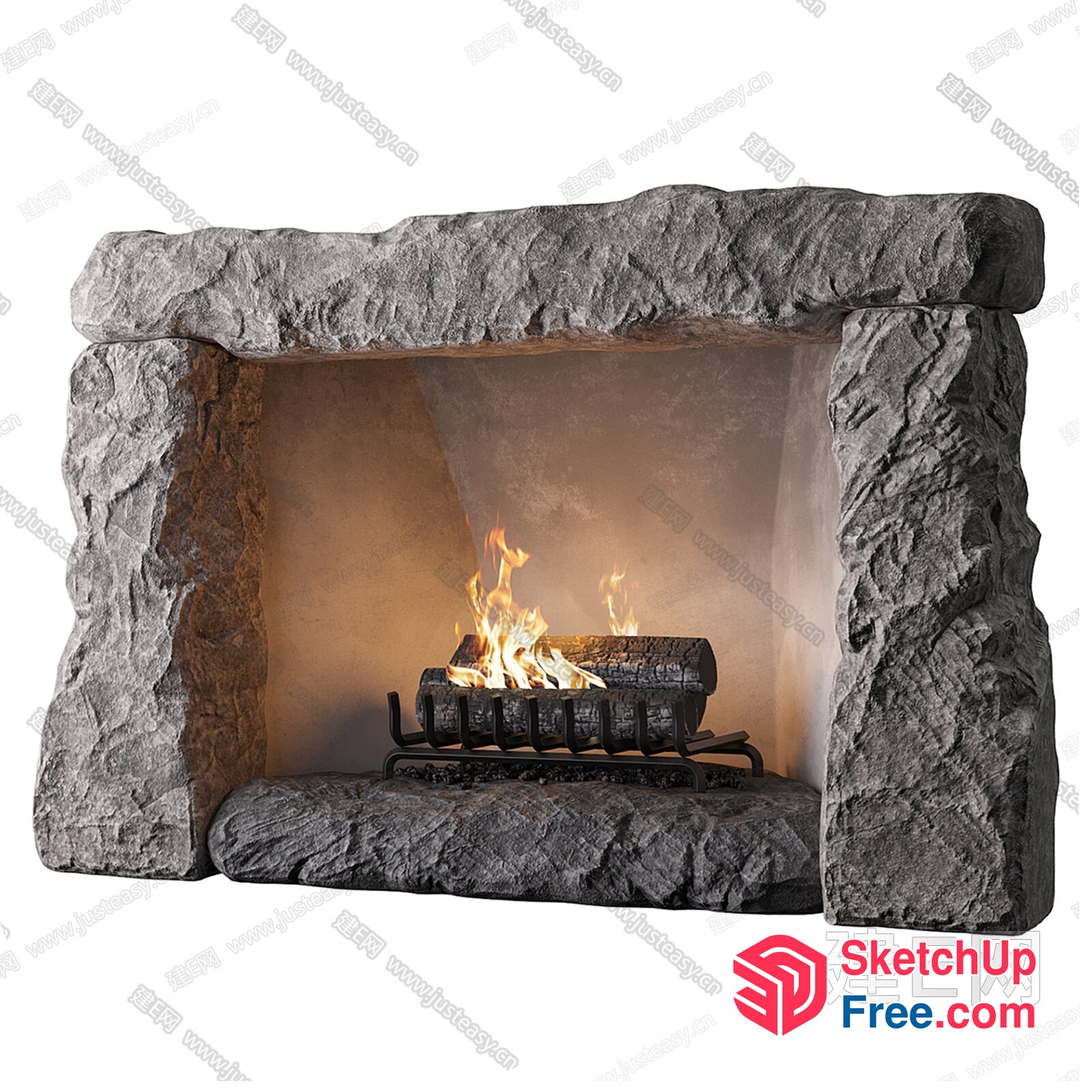 Stone Fireplace With Burning Logs 3D SketchUp File