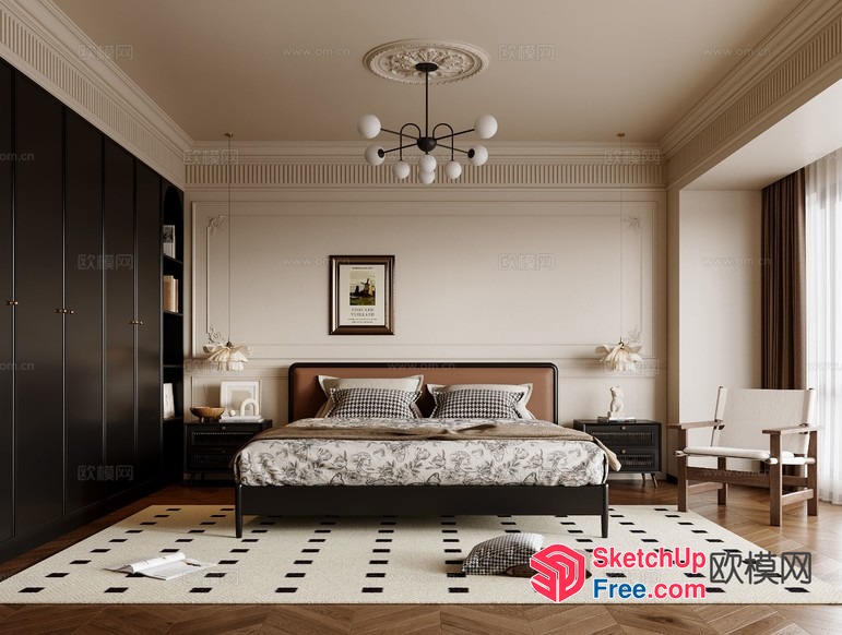 Luxurious Bedroom With Classic Moulding And Modern Furniture 3D SketchUp File