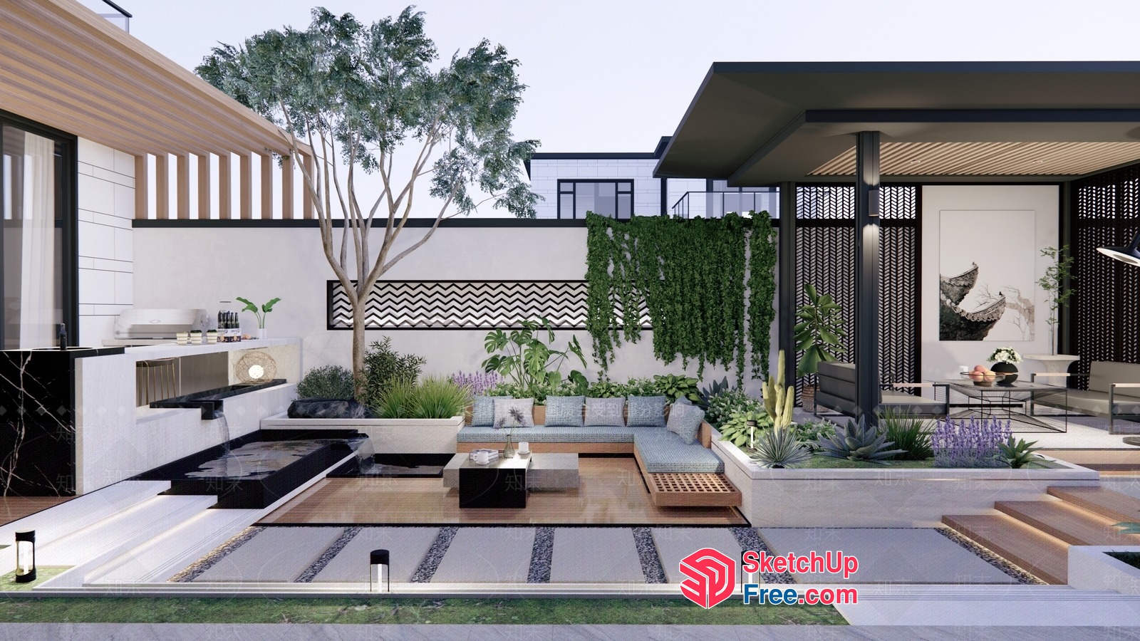 Modern Outdoor Living Space With Water Feature And Greenery 3D SketchUp File