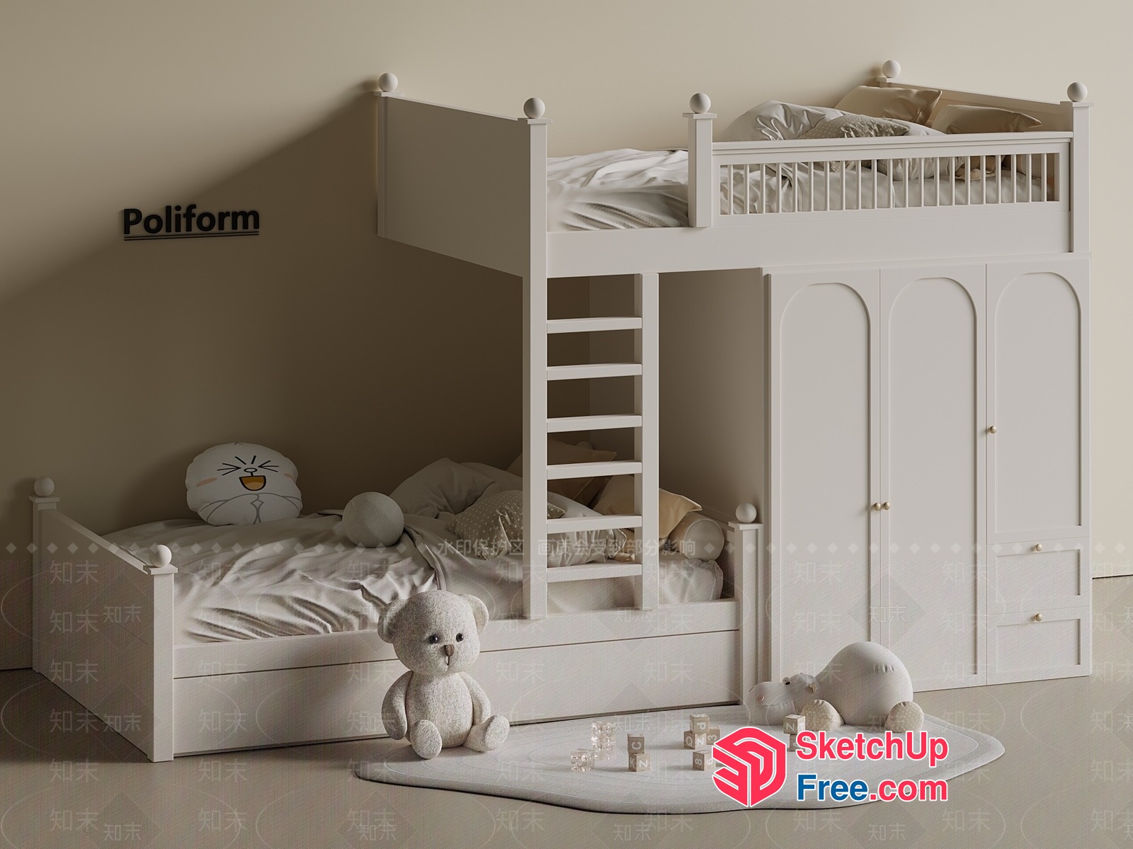 White Poliform Bunk Bed And Ladder 3D SketchUp File