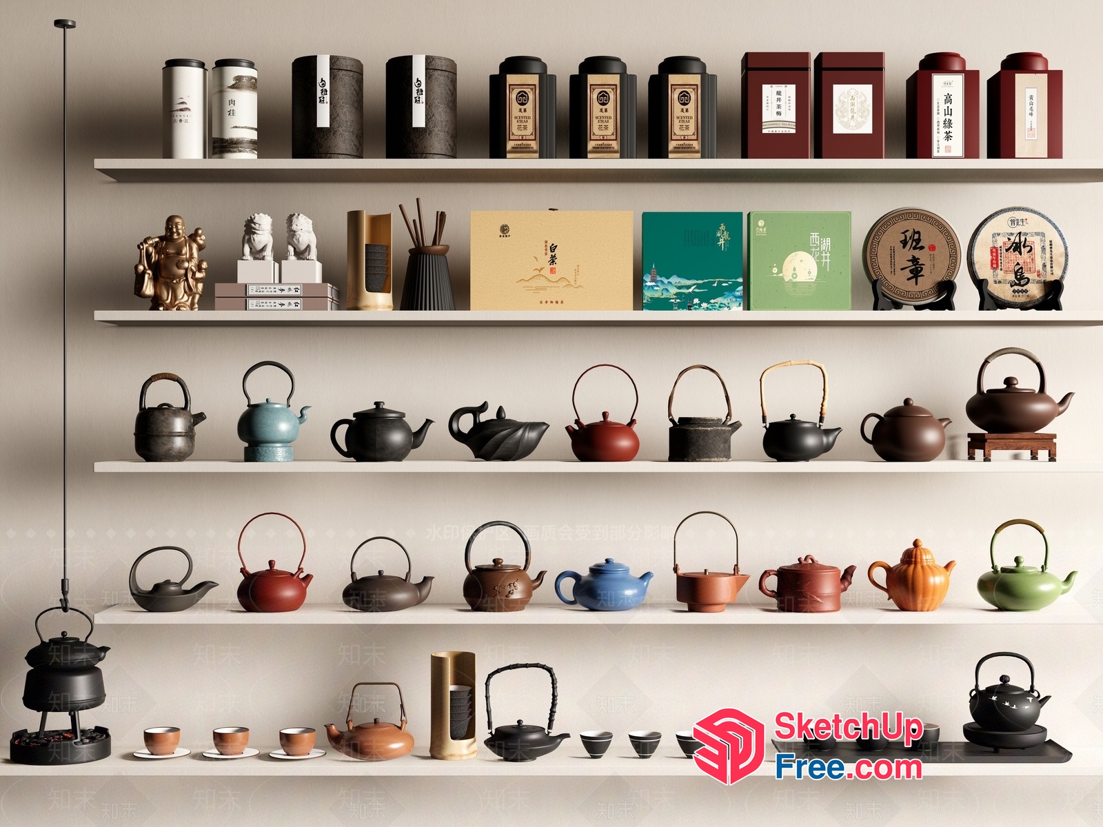 Tea Set Collection On White Shelves 3D SketchUp File