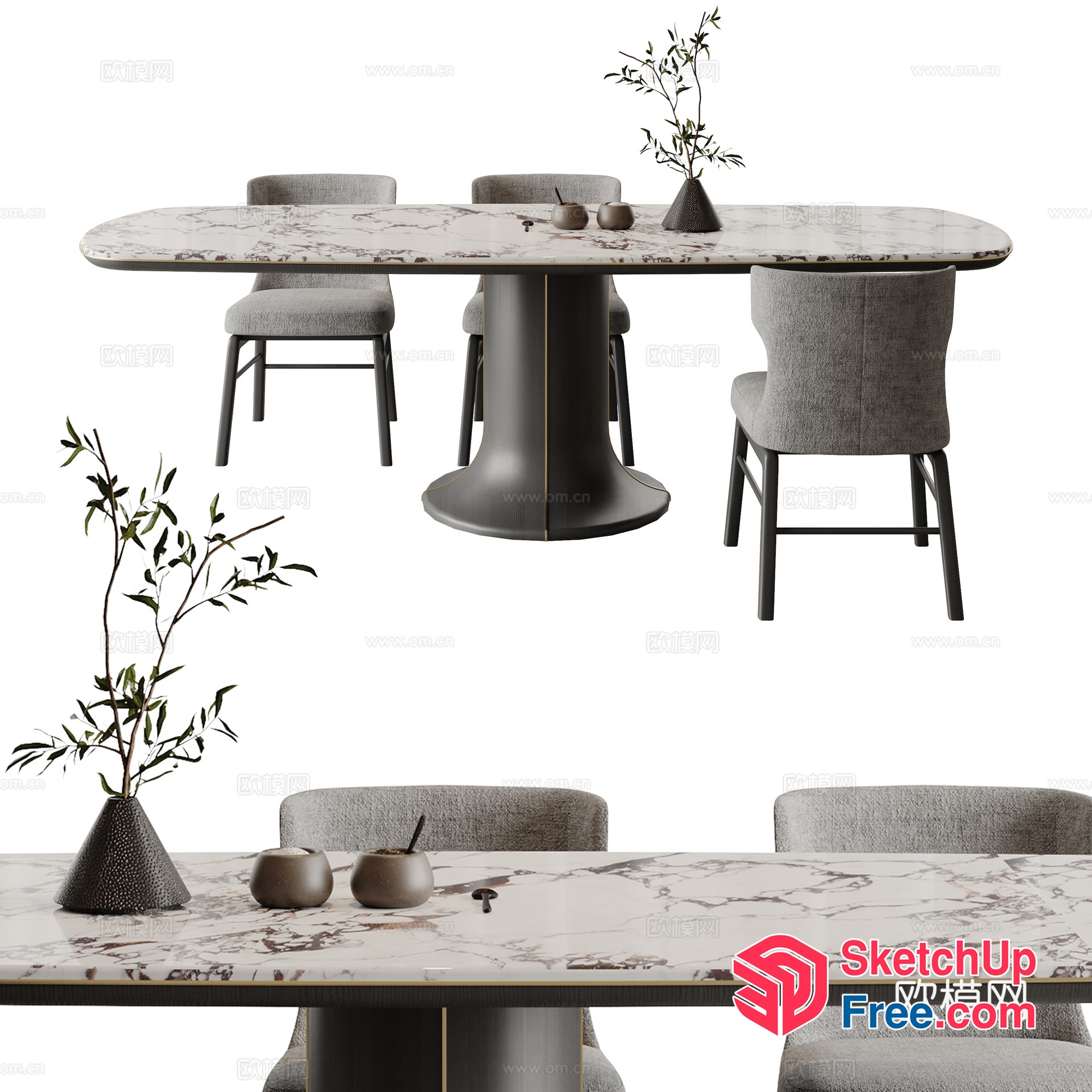 Elegant Dining Room Table Set With Marble Top And Gray Chairs 3D SketchUp File