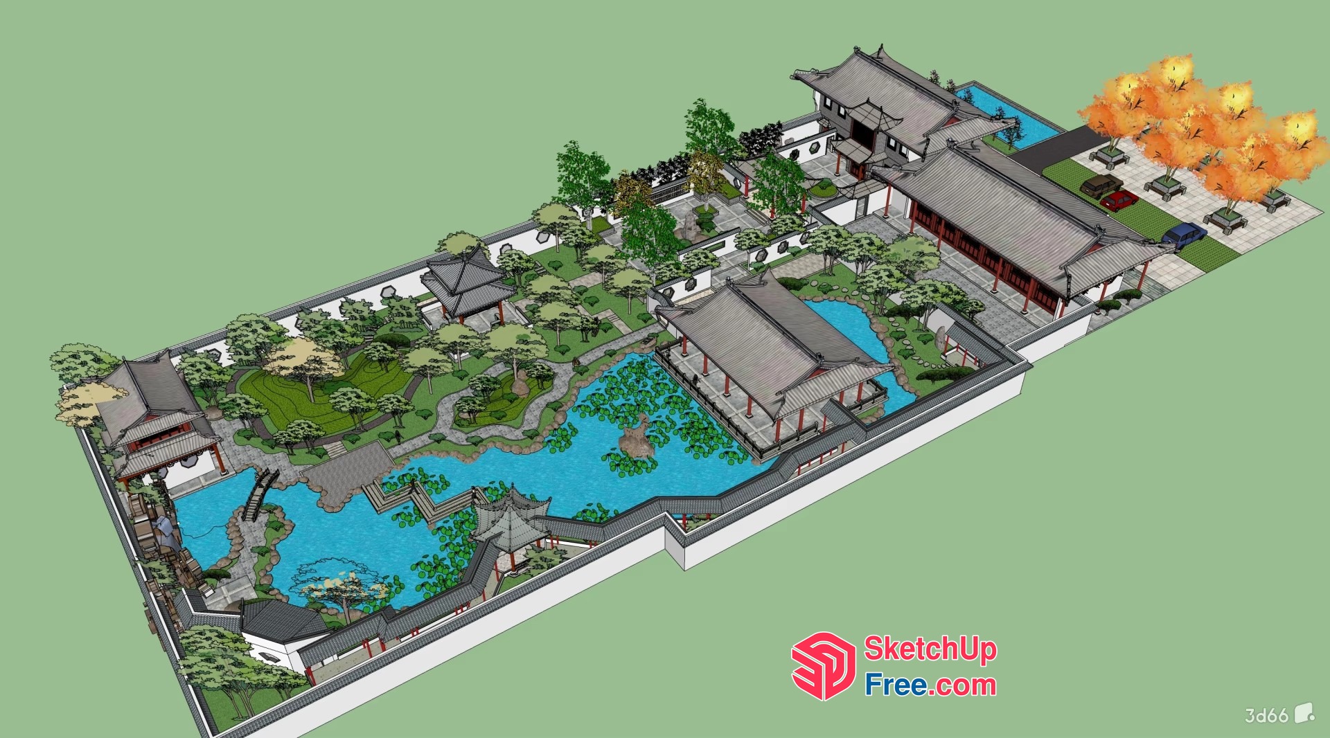 Traditional Asian Architecture With Water Features 3D SketchUp File