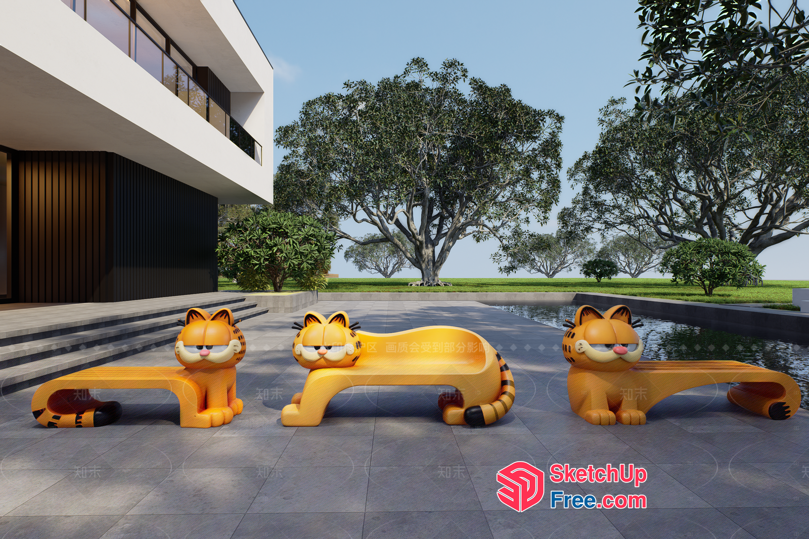 Outdoor Garfield Cat Bench And Table Set 3D SketchUp File