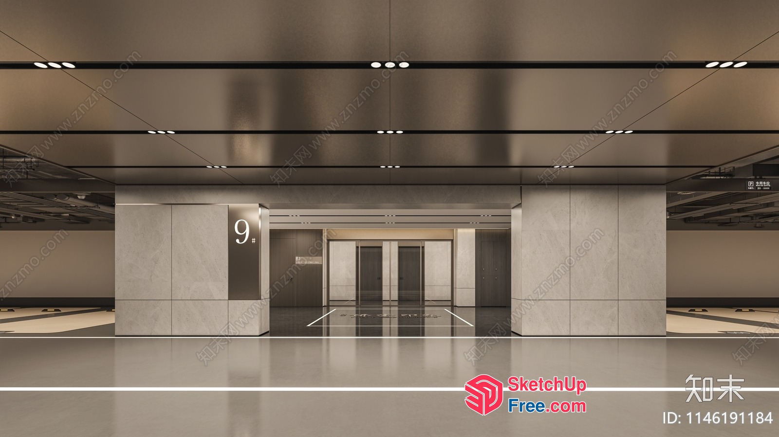 Modern Office Building Lobby With Elevators And Pillars 3D SketchUp File