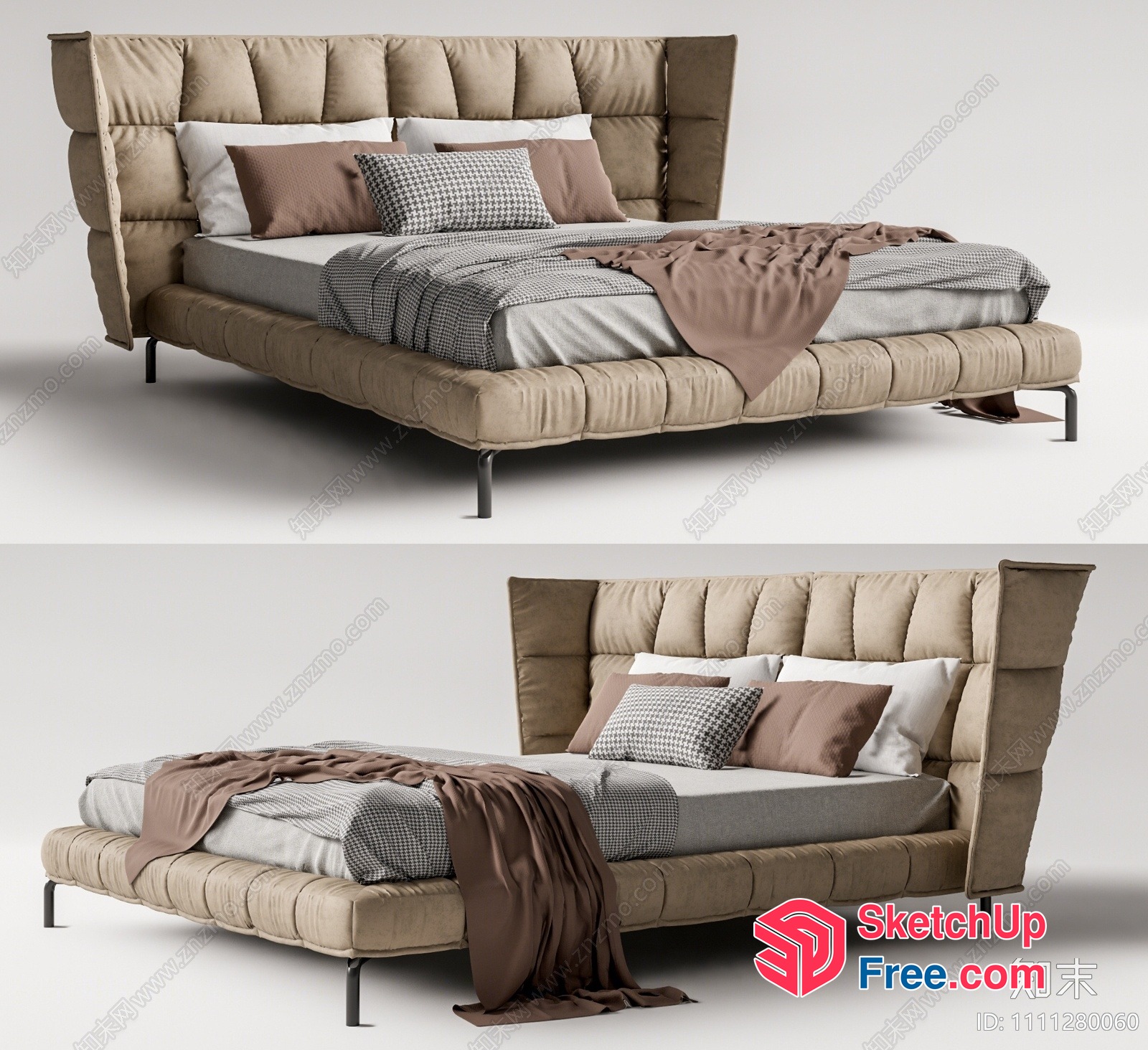 Modern Beige Bed With Pillows And Blanket 3D SketchUp File