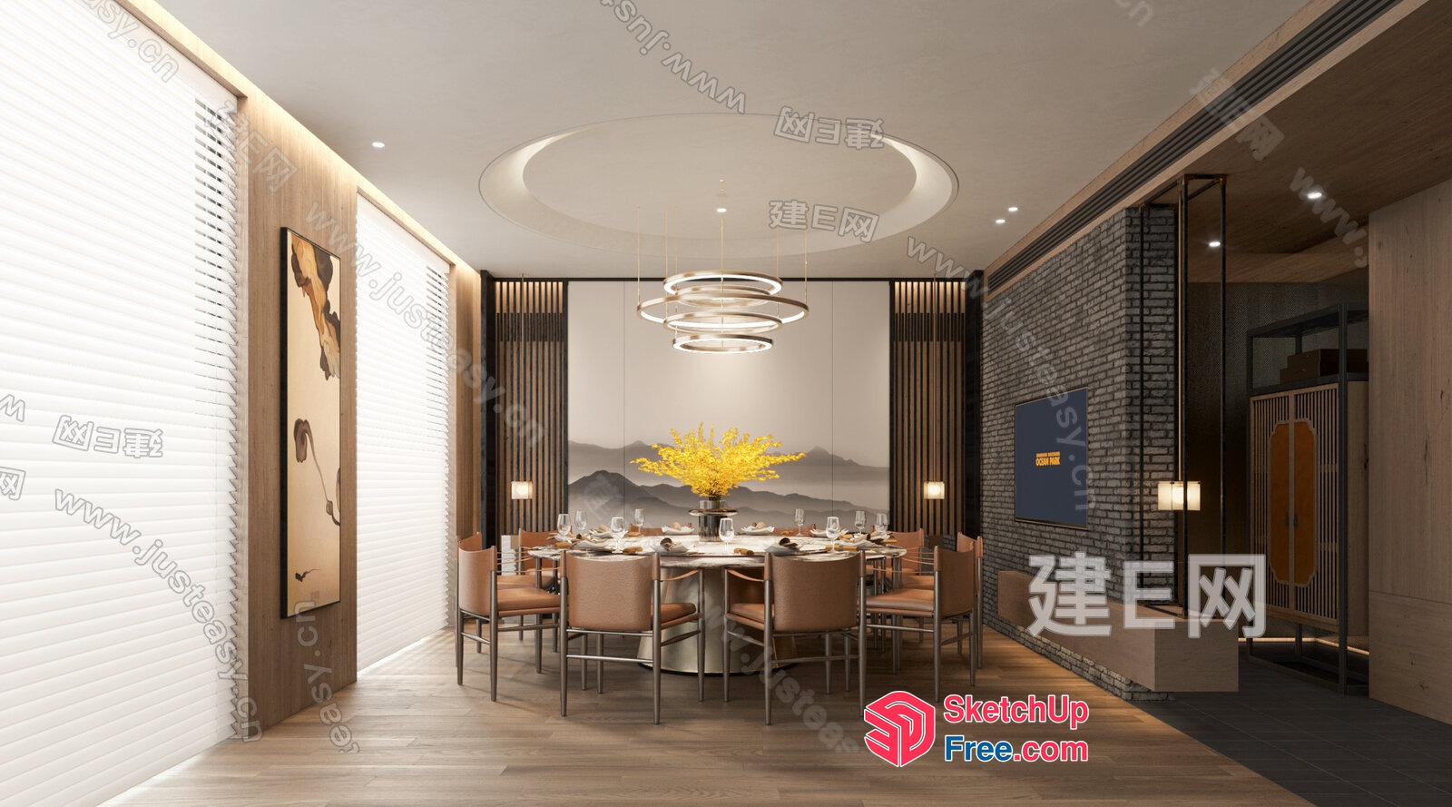 Elegant Dining Room With Modern Lighting And Natural Elements 3D SketchUp File