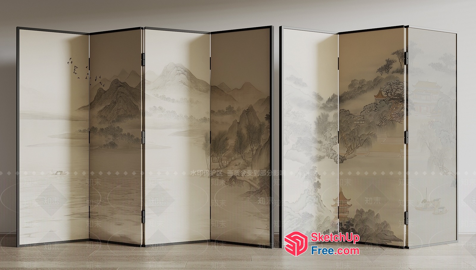 Asian-Inspired Landscape Artwork On Four-Panel Screen 3D SketchUp File