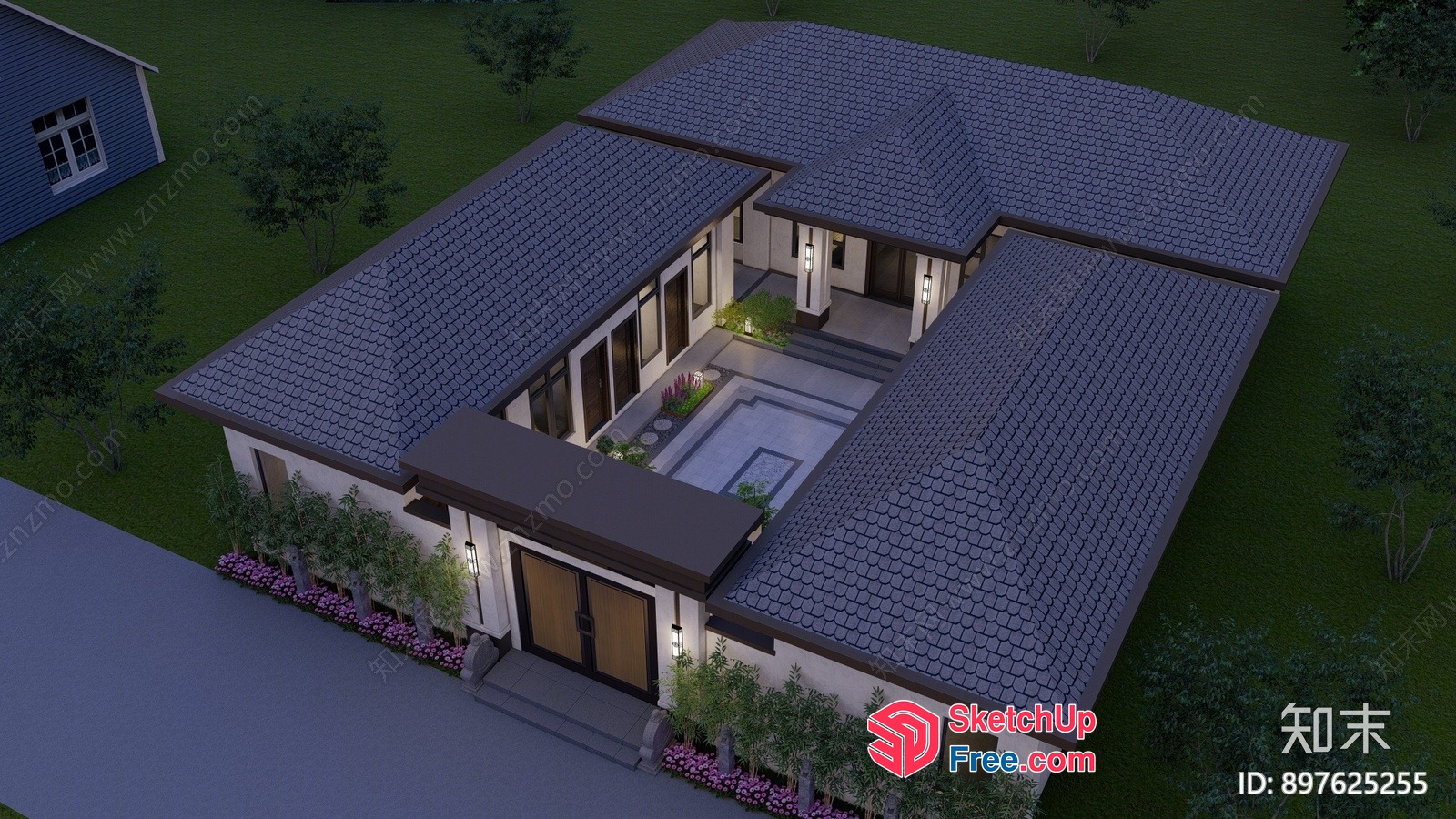 Modern Villa With Central Courtyard And Gray Roof Tiles 3D SketchUp File