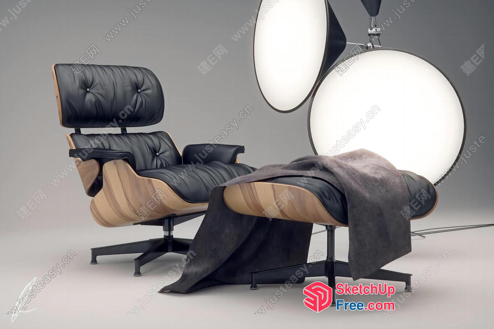 Modern Black And Brown Leather Lounge Chair With Matching Ottoman 3D SketchUp File