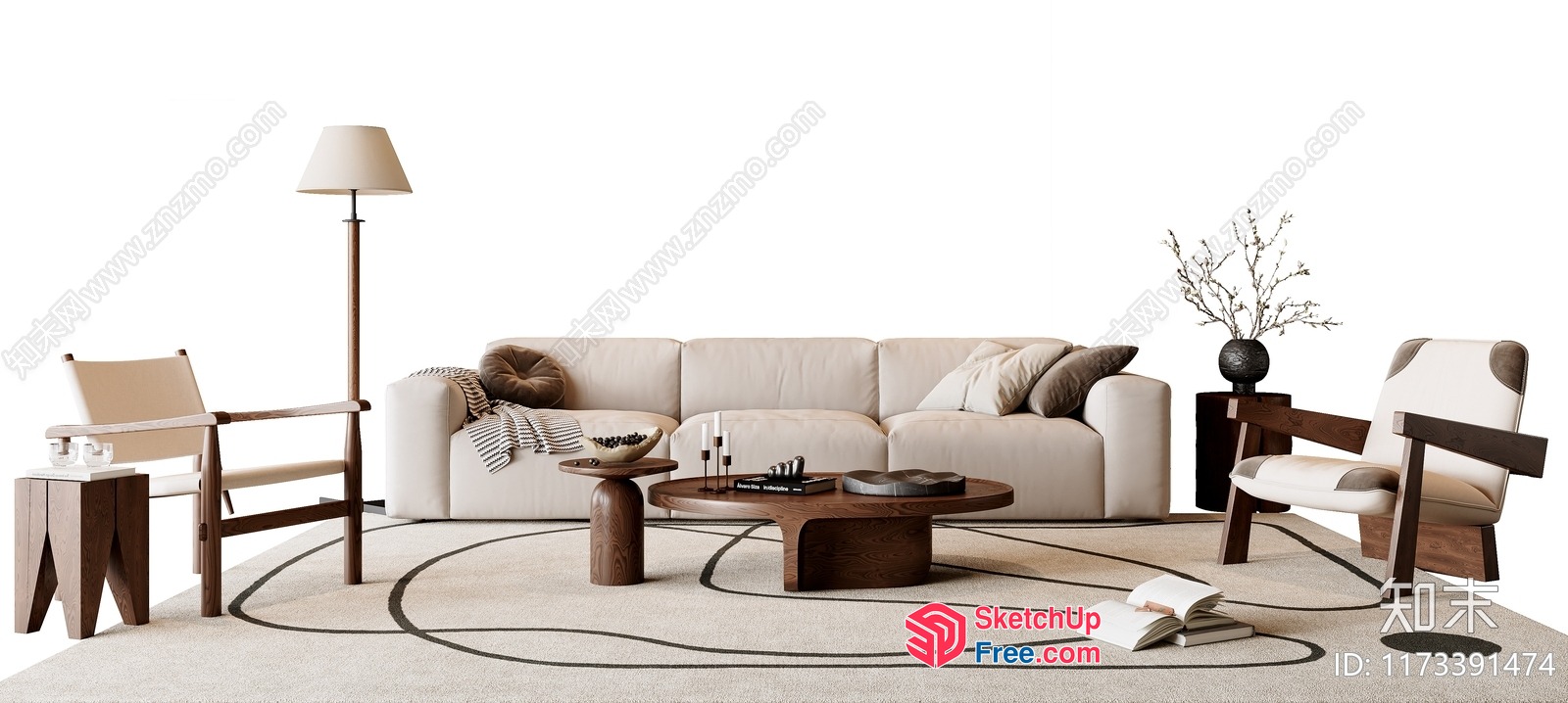 Modern Minimalist Living Room With Creamy Sofa And Wooden Accents 3D SketchUp File
