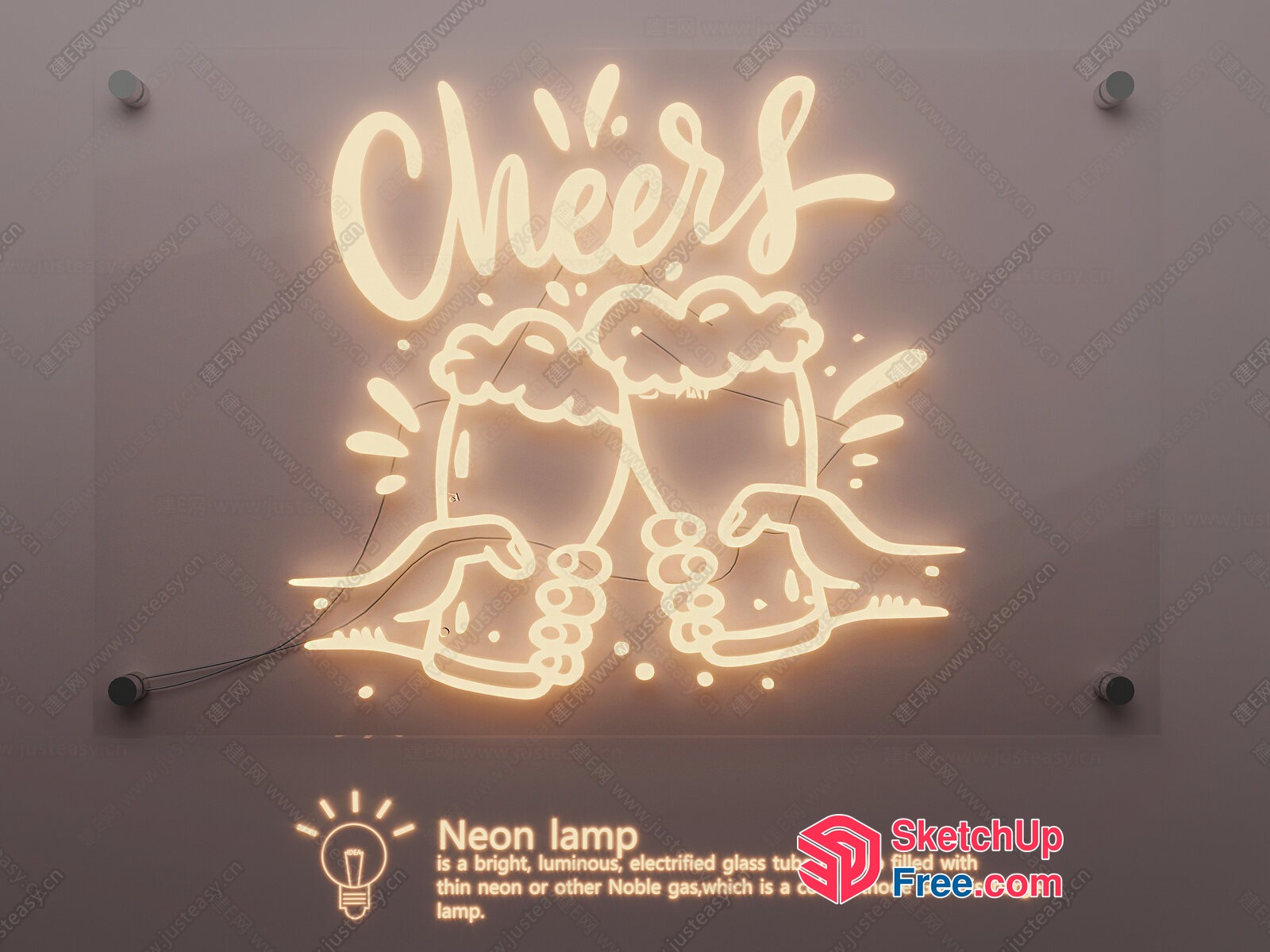 Modern Neon Sign Illuminating The Words Cheers 3D SketchUp File