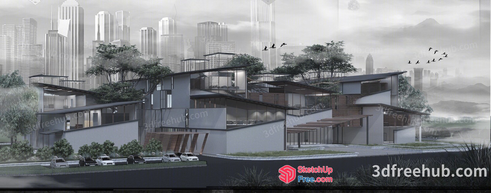 Modern Villa With Glass Curtain Wall And Rooftop Garden 3D SketchUp File