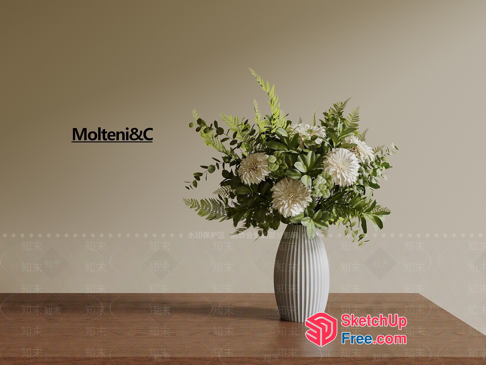 Elegant White Flowers And Greenery In A White Vase 3D SketchUp File
