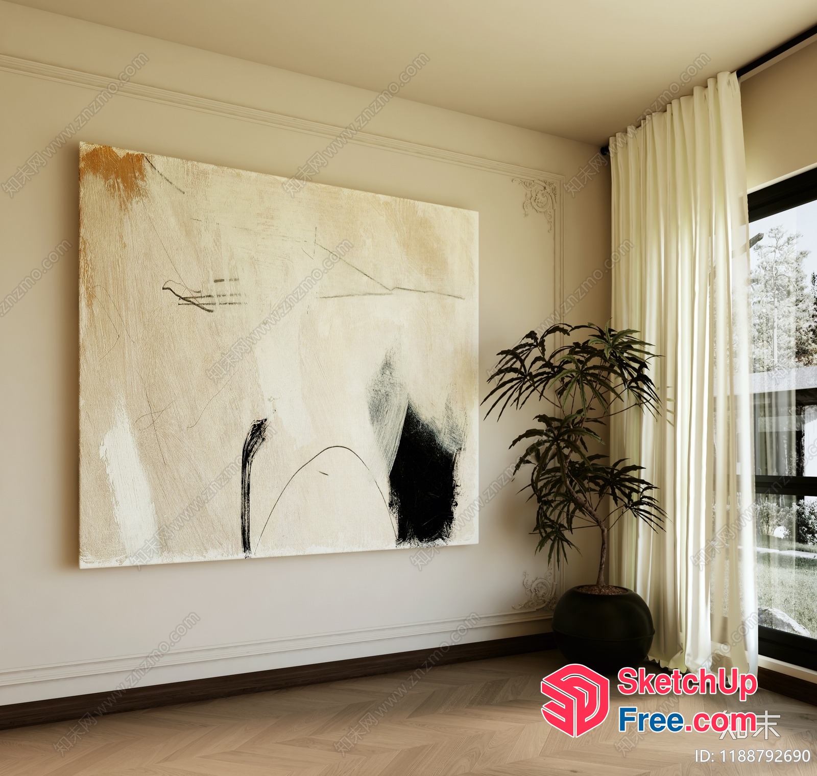 Minimalist Abstract Artwork In A Neutral Toned Room 3D SketchUp File