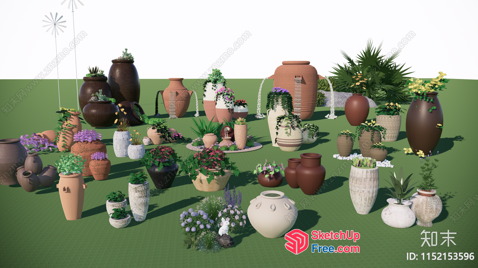 Potted Plants And Vases In A Green Outdoor Setting 3D SketchUp File