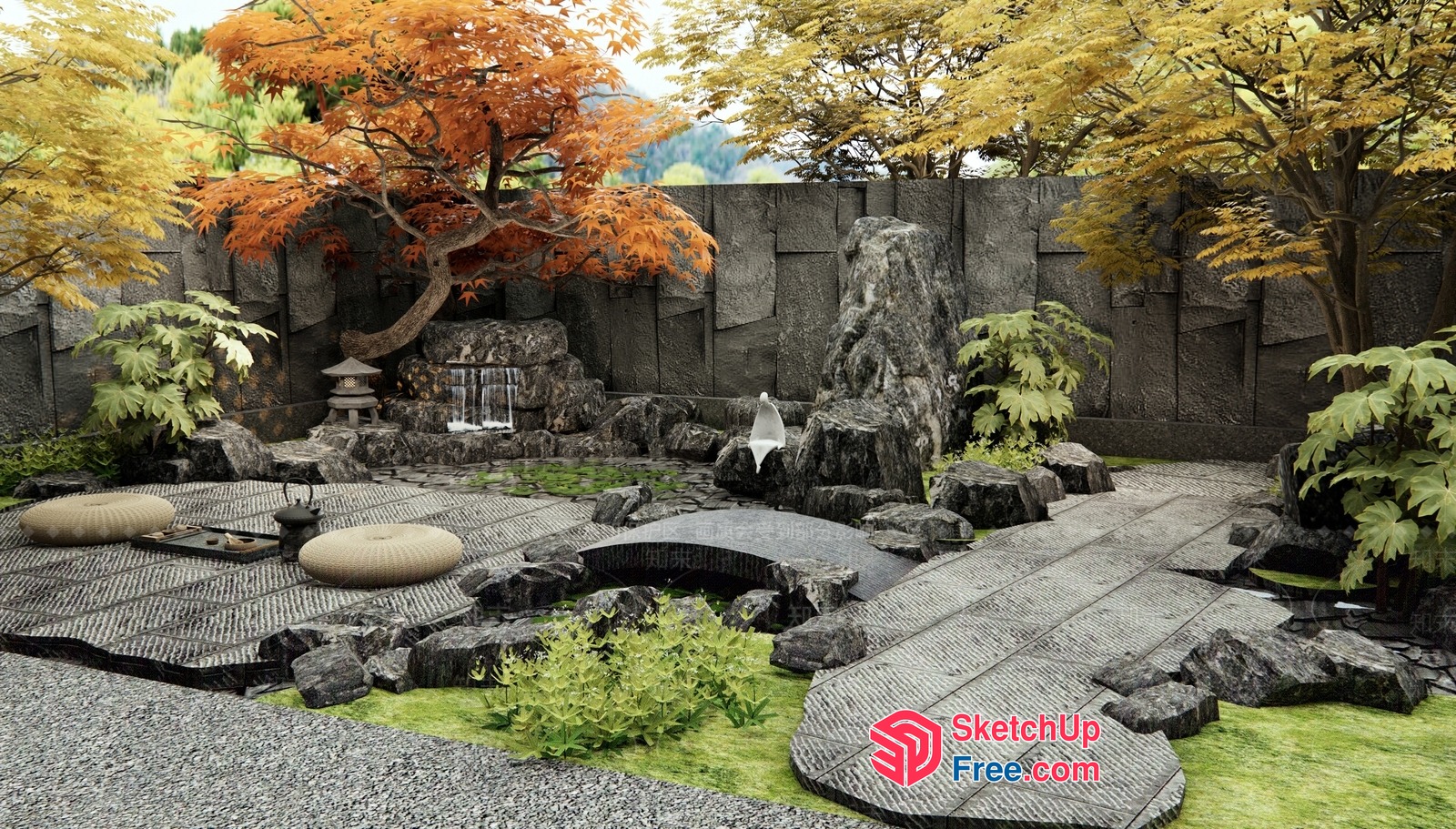 Elegant Japanese-Style Garden With Stone Pathway And Water Feature 3D SketchUp File