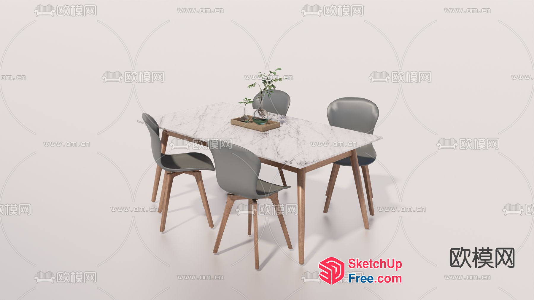 Modern Dining Table Set With Marble Top And Wooden Legs 3D SketchUp File