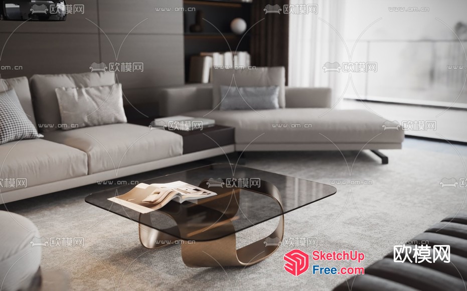 Modern Living Room With Glass Coffee Table And Neutral Color Scheme 3D SketchUp File