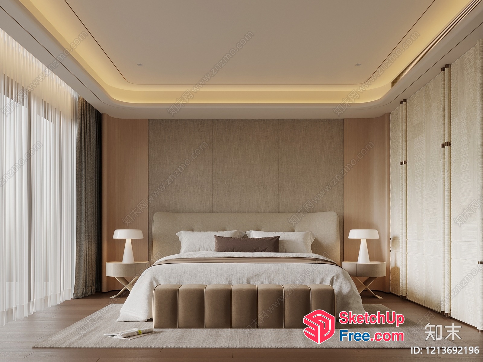Elegant Modern Bedroom With Creamy Style And Minimalist Decor 3D SketchUp File