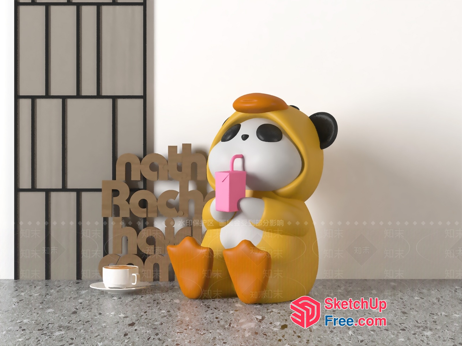 Cartoon Panda In Yellow Hoodie Sipping Coffee 3D SketchUp File