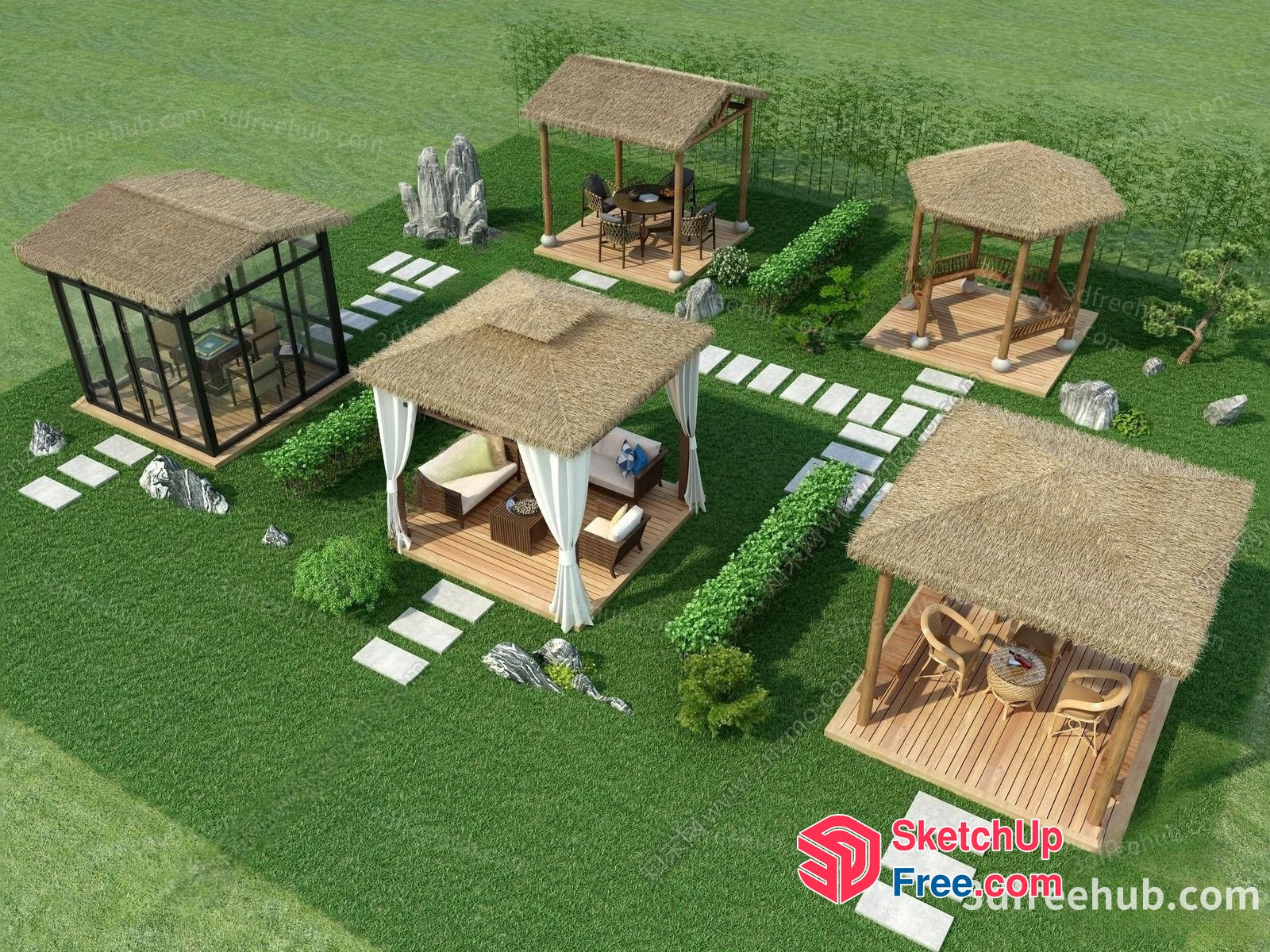 Outdoor Seating Areas With Various Cabanas And Pergolas 3D SketchUp File