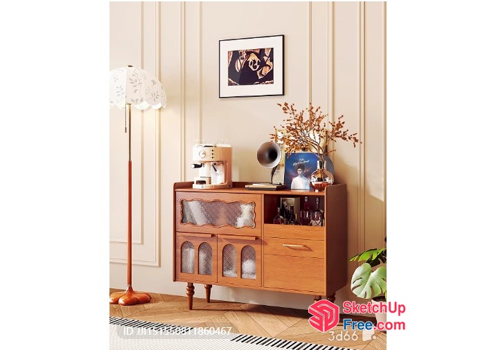 Modern Mid-Century Wood Sideboard With Glass Cabinet Doors 3D SketchUp File