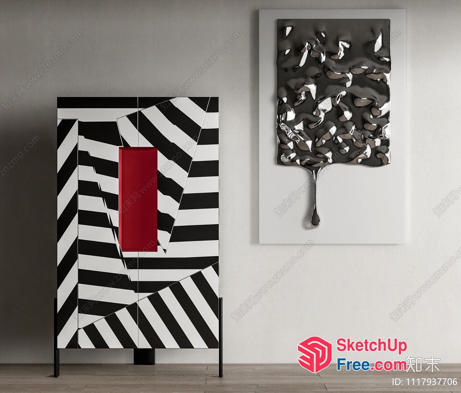Modern Black And White Cabinet With Red Accent 3D SketchUp File