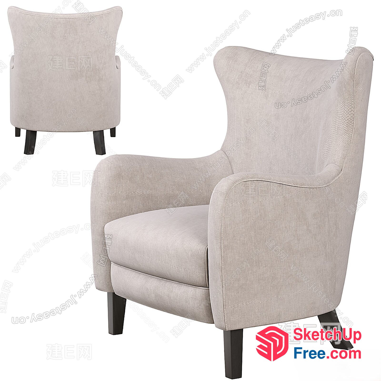 Beige Wingback Chair With Dark Brown Legs 3D SketchUp File